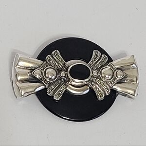 Vintage Bold Art Deco Black Onyx Marcasite Crystal Sterling Silver Brooch Pin